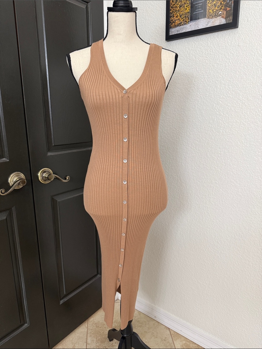 Calvin Klein Jeans Camel Ribbed Button-Front Midi Dress